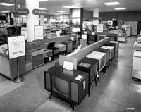 Black and white photograph of Television, radio and phonograph department, Dayton's Southdale store, 1958.