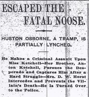 Black and white image of headline from the St. Paul Pioneer Press regarding the near-lynching of Houston Osborne, June 3, 1895.