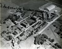 Black and white aerial view of Gustavus, 1940. Photograph donated by Bob Olson.