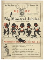 Cover art of the pamphlet handed out at the charity minstrel show. It features minstrel drawings and a hat advertisement in the form of a minstrel skit. From the Minnesota Historical Society pamphlet collection, St. Paul.