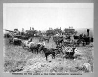 Black and white photograph of workers threshing on the James J. Hill farm, Northcote, c.1900. Photograph by A.H. Anderson.