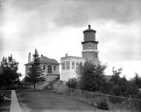 Black and white photograph of Split Rock Lighthouse by Eugene Debs Becker taken in August of 1959.