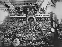 Black and white photograph of Minneapolis Market Gardeners Association Display at the Minnesota State Fair, First Prize Winner, 1905.