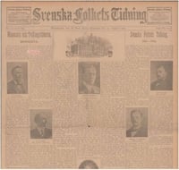 Color image of the August 30, 1905 issue of the Svenska Folkets Tidning, with an article detailing the history of the paper since 1881 on the front page.