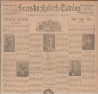 Color image of the August 30, 1905 issue of the Svenska Folkets Tidning, with an article detailing the history of the paper since 1881 on the front page.