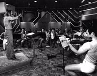 Black and white photograph of the St. Paul Chamber Orchestra recording at Sounds 80 Studio, 1978.
