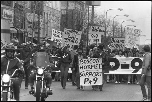 Striking Hormel workers on April 10, 1986
