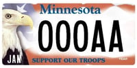 Color image of Minnesota Support Our Troops license plate featuring Harriet, a bald eagle ambassador from the National Eagle Center.