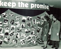 Black and white photograph of a photo collage display made by the United Jewish Federation Council, undated.