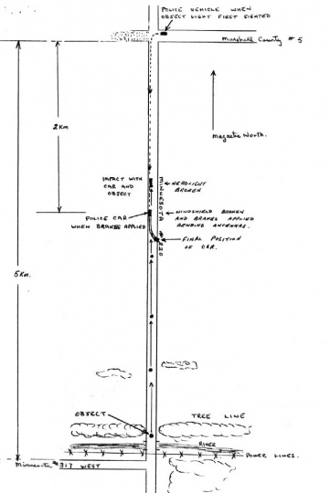 Diagram reconstructing the path of Johnson's car and the estimated point of collision on State Highway 220 on the night of 27 August 1979.