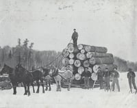 Black and white photograph of of loggers and banked logs taken from E. D. Childs photo album, ca. 1890–1920.
