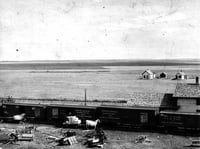 Arrival of harvesting machinery by train