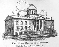 Black and white photo print of a drawing of the first Minnesota state capitol, c.1853–1873.