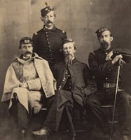 Black and white photograph of General Alfred H. Sully (center) with (L to R) John H. Pell, Andrew J. Levering, and Josias R. King, c. 1862.