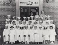 Black and white photograph of the Emanuel Cohen Center pre-Kindergarten graduating class, 1955.