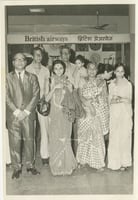 Black and white photograph of Preeti Mathur (first row, center left) at Bombay Airport in April 1978 with family on the eve of her departure to the United States. Used with the permission of Preeti Mathur.