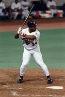 Kirby Puckett squares away in this at-bat in the Metrodome. He would go on to hit .357 in the Series.