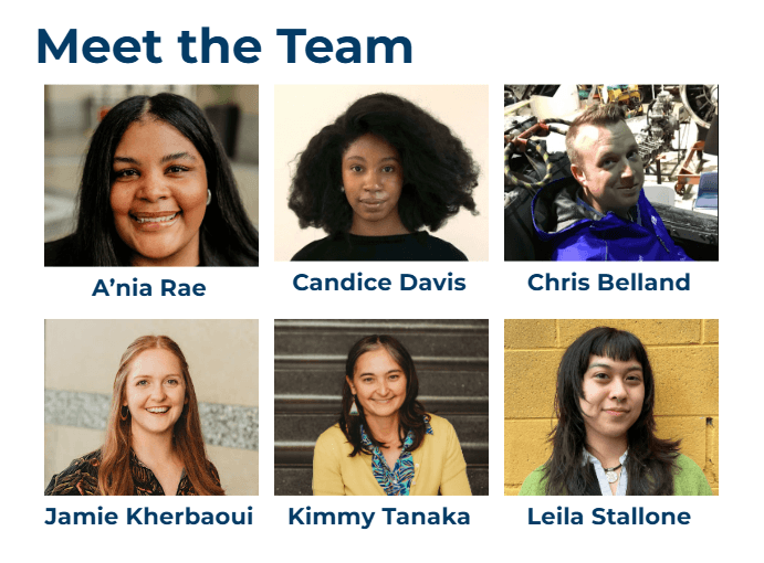 Meet the Team. First row from left to right: A'nia Rae, Candice Davis, Chris Belland. Second row from left to right: Jamie Kherbaoui, Kimmy Tanaka, Leila Stallone