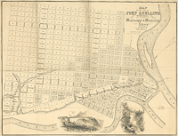 Hand-drawn sepia map showing the intersection of two rivers, and above and to their left the streets of an unbuilt city.