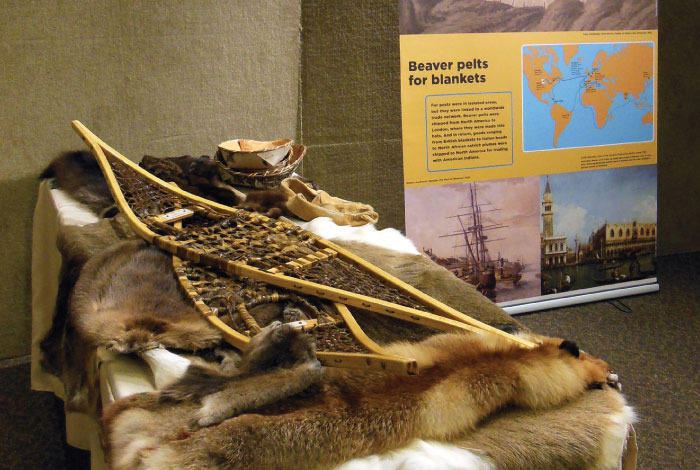 A variety of pelts sit on a table with snowshoes.