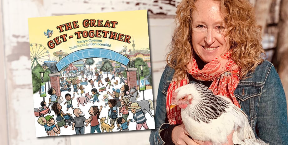 A cover of the book, The Great Get-Together alongside a woman holding a chicken.