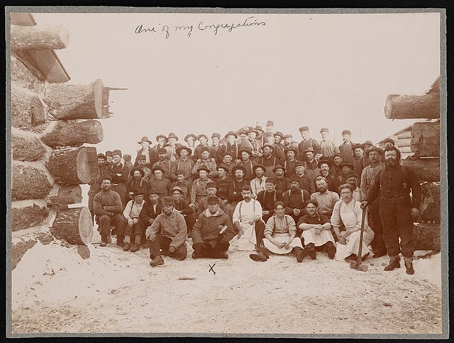 Black-and-white photograph of a Lumber camp crew, ca. 1915