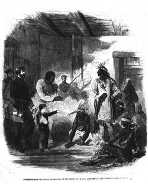 White boy identifying Indian who took part in the Dakota uprising, from Harper's Weekly, 1862