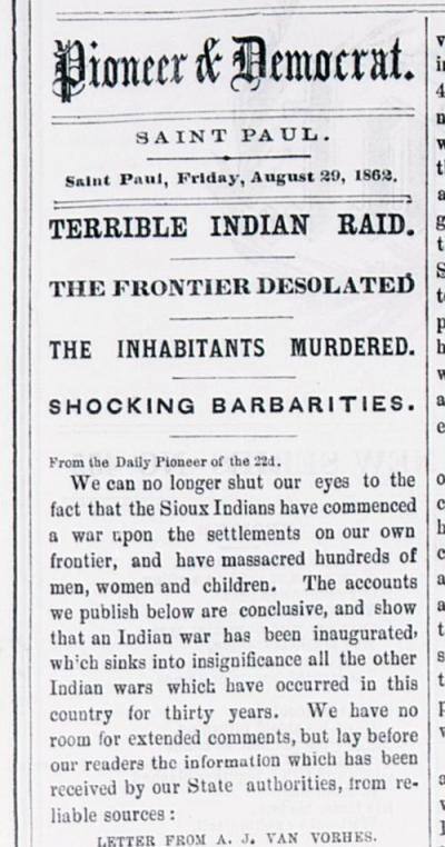 Articles like this, from the St. Paul Pioneer and Democrat, Aug. 22-29, 1862, appeared during and after the war