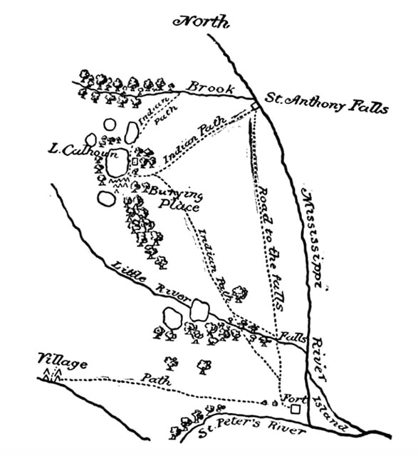 Black and white map of the area near Bde Maka Ska, including rivers, St. Anthony falls, forested areas, and paths.