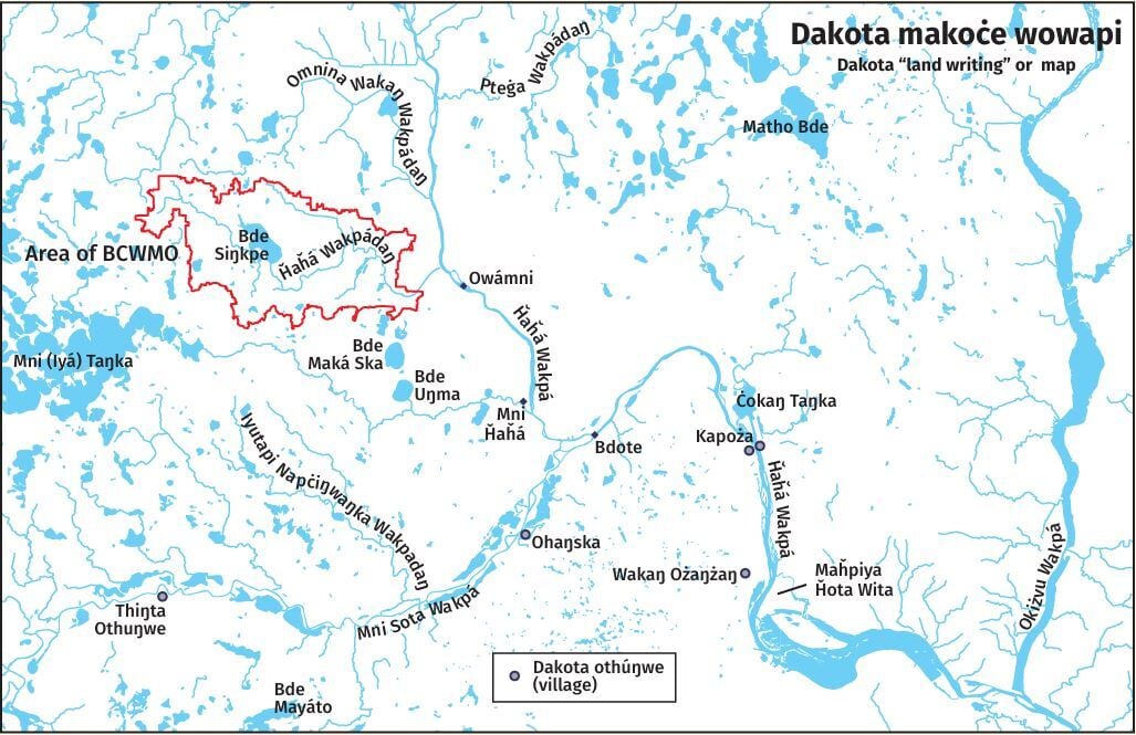 White map depicts waterways in blue, described by their Dakota names in black text. The region depicted lies between Mni (Iyá) Tanka (Lake Minnetonka) and Mni Sota Wakpá (Minnesota River); a red outline surrounds Ȟaȟá Wakpádaŋ as an area of focus.