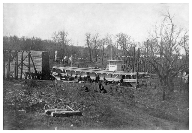 Black and white photograph of the steamboat Selkirk, then owned by the Hills-Griggs Company, on the Red River, 1871