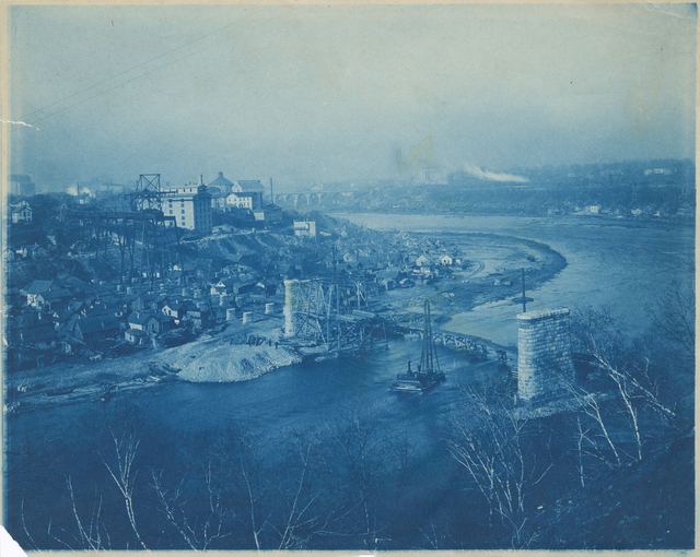 Northern Pacific Railway bridge under construction, 1880