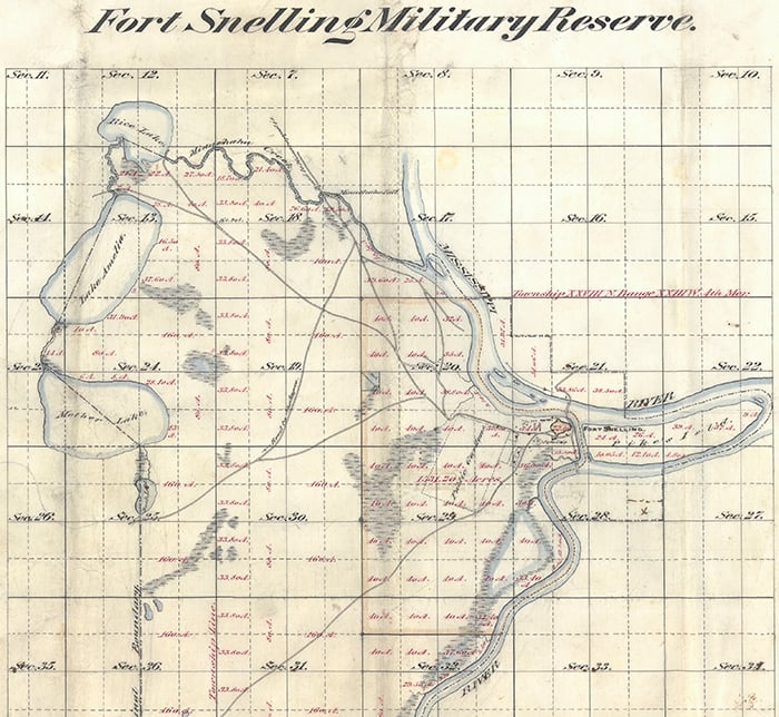 Hand-drawn map of the intersection of two rivers, with red writing adding details throughout.