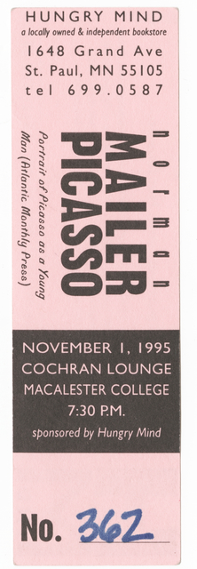 Ticket to an event at Hungry Mind bookstore featuring Norman Mailer