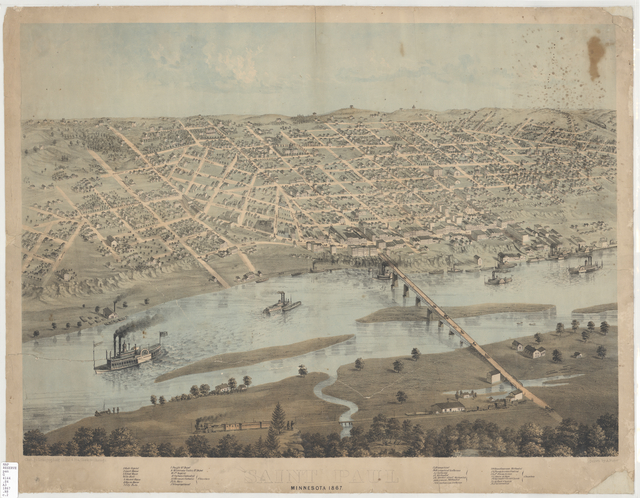 Color lithograph map of downtown St. Paul and West Side Flats, 1867. Lithograph by Albert Ruger.