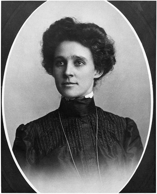 Black and white portrait of Mary Gibbs, commissioner of Itasca State Park and the first woman in the U.S. to hold the position of park commissioner, 1903.