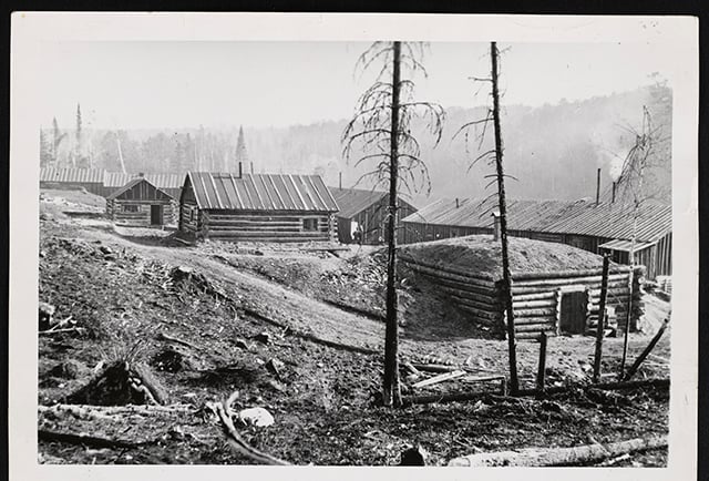 Logging camp with a mixed log-and-sod cabin behind logged and barely standing pine trees with more log cabins in the background.