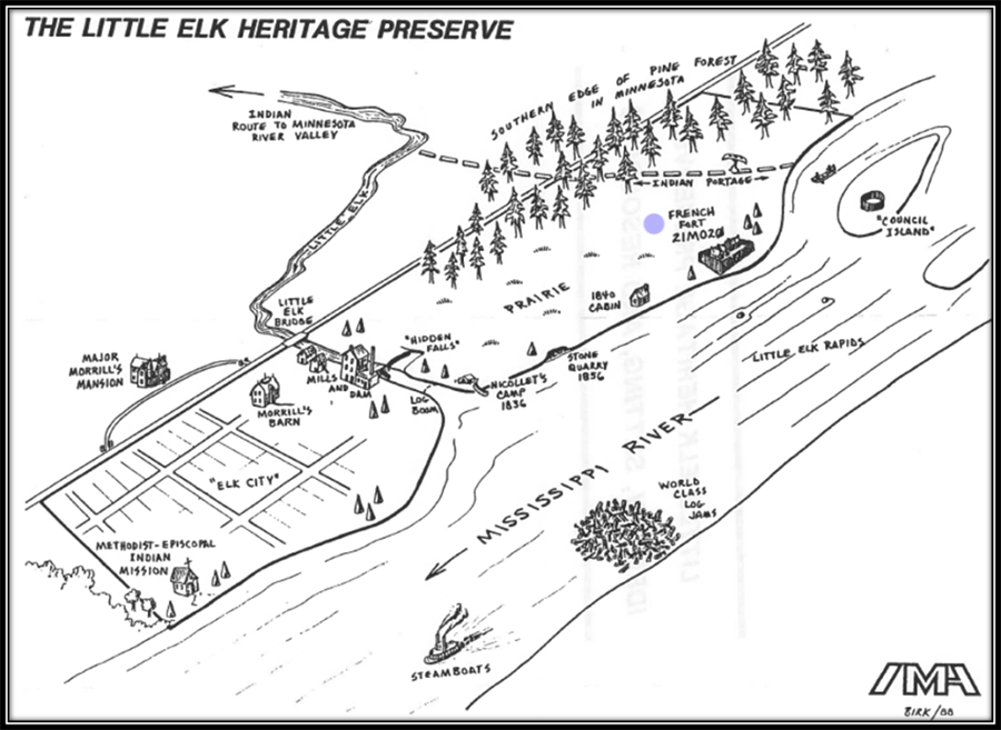 A drawn bird's-eye view of a confluence of two waterways, with trees at the top and right and structures throughout, situated to the left of a river.