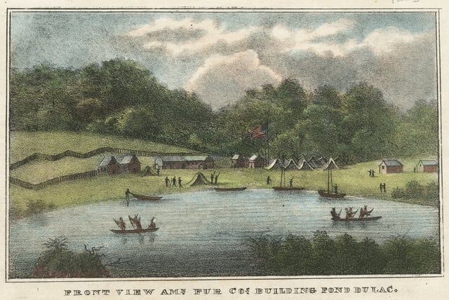 Lithograph image with white-and-grey clouds, a green treeline below them, and green grass with buildings and a body of water below them, with two canoes with paddlers.