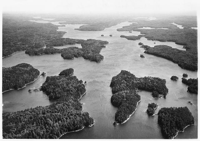 Black and white aerial photo of the Boundary Waters Canoe Area, ca. 1980.