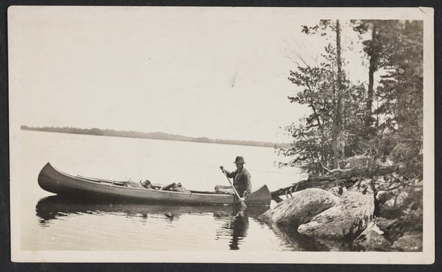 Black and white photograph of an early trip to what is now the Boundary Waters Canoe area, ca. 1916.