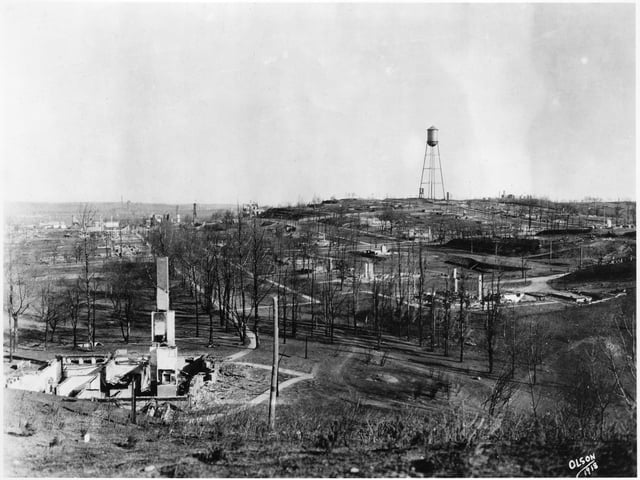 Black and white photograph of a view of Cloquet after fire, 1918.