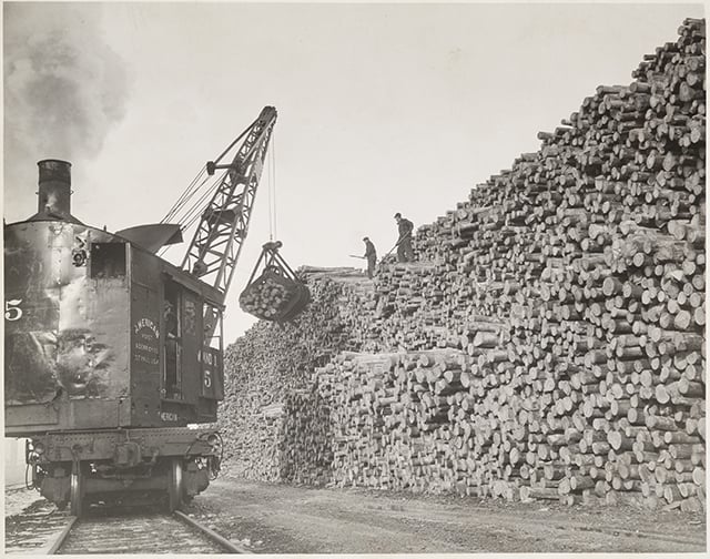 A railroad car sits on a track next to a stack of logs that extends into an obscured vanishing point at the lower left.
