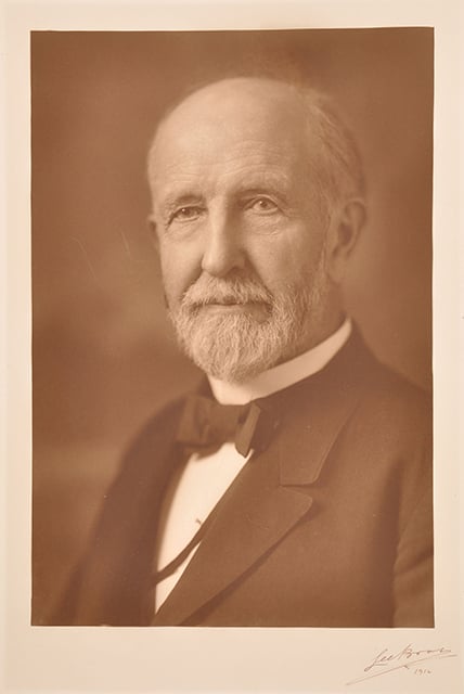 Three-quarters view of a man's head and shoulders. He is partly bald, with a beard and moustache, and wears a suit jacket, bow tie, and white shirt.