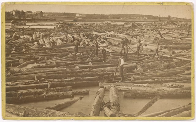 Laborers stand on logs floating in a river. The logs fill the river from the foreground to the shore in the background.