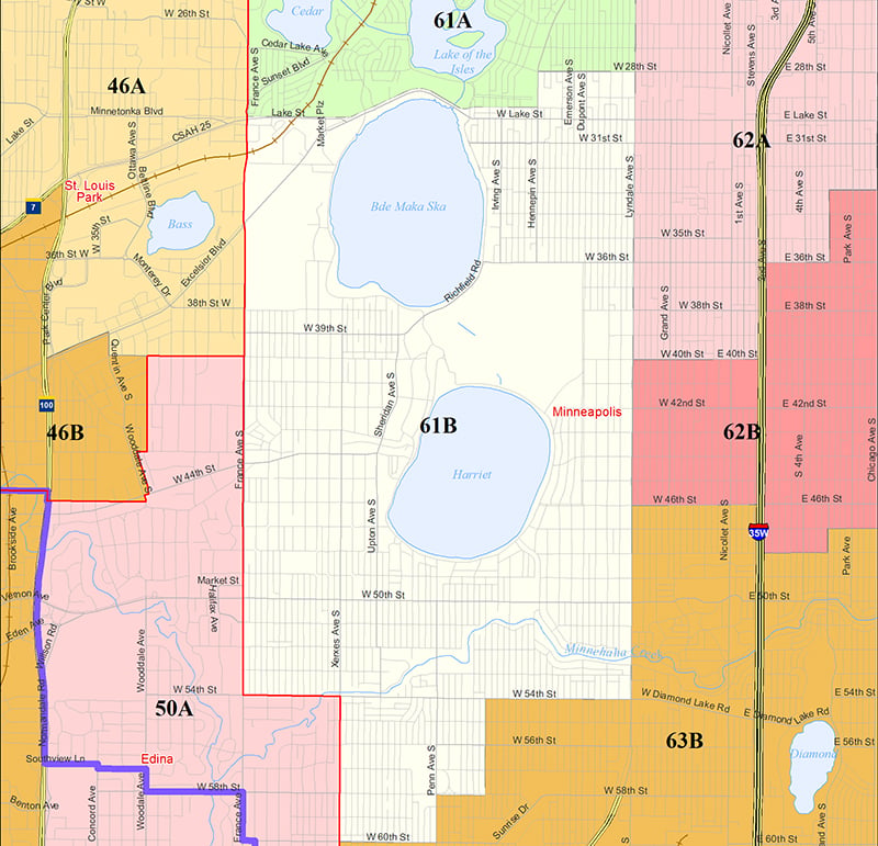 Colored rectalinear shapes slot together to form a map of legislative districts, with bodies of water indicated in blue.