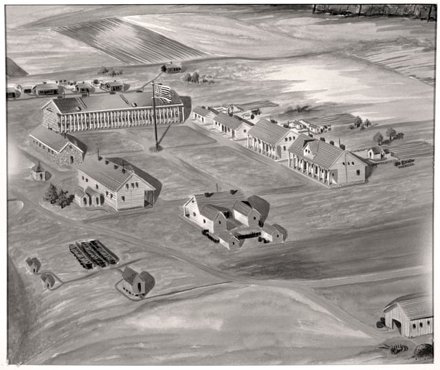 Bird's-eye view of a fort complex, with most buildings clustered around a central parade ground.