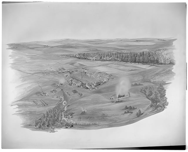 Black-and-white sketch of a military fort, seen from a bird's-eye view, with trees and hills in the background.