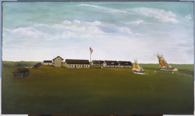 Green land and blue sky with cloudy skies above it. Buildings, two of them on fire, sit where the land meets the sky.