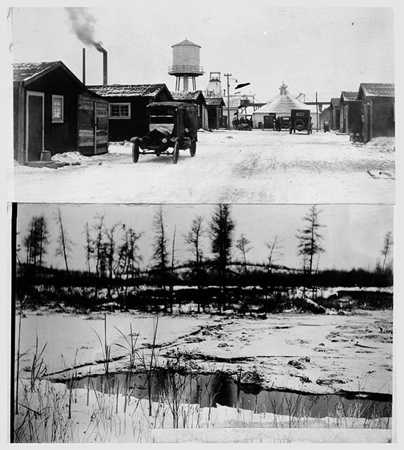 Black and white photographs of Main Street at Milford location and lake which flooded mine, 1924.